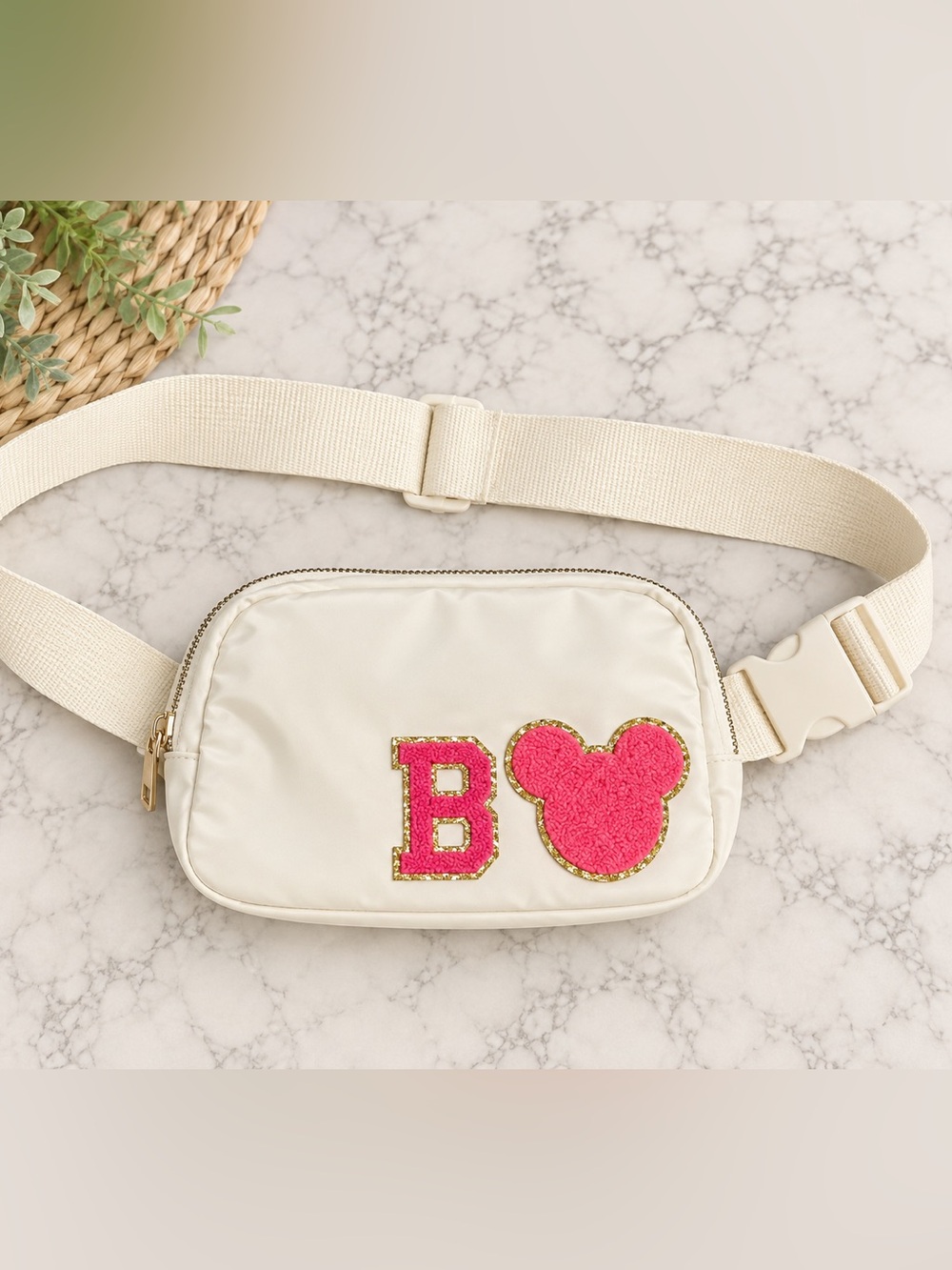 Cream Belt Bag with Pink B and Minnie Mouse Patch k
